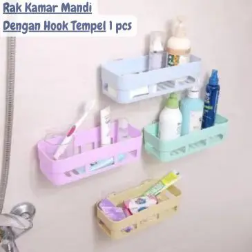 Rak Kamar Mandi Model Persegi Bahan Plastik Dengan Hook Tempel