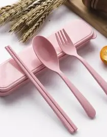 Set Alat Makan Sendok Garpu Sumpit + Tatakan Bahan Plastik Wheat Straw Food Grade