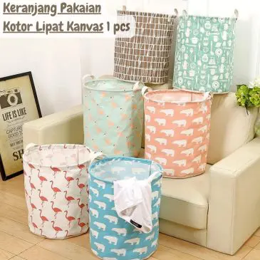 Keranjang Tempat Pakaian Kotor Serbaguna Lipat Bulat Material Kanvas