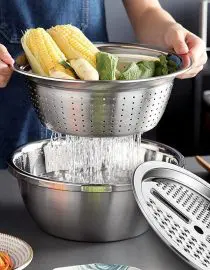 Parutan Buah dan Sayur 2in1 Baskom Cuci Stainless Steel Dengan 4 Jenis Mata Pisau