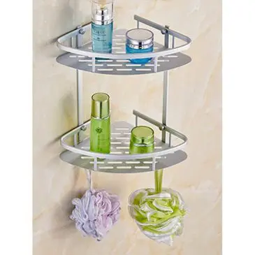 Rak Kamar Mandi Model Sudut 2 Susun Aluminium Dengan 2 Hook Gantungan