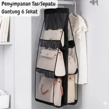 Rak Tempat Penyimpanan Tas Sepatu Gantung Anti Debu 6 Sekat Hitam