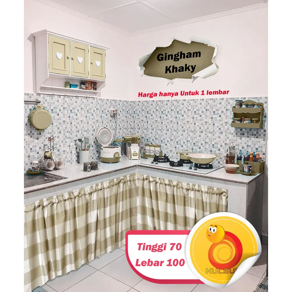 Gorden Penutup Kolong Meja Dapur Gingham Khaki 100x70cm