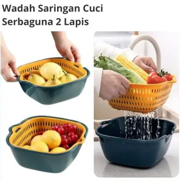 Wadah Cuci Saringan Peniris Sayur dan Buah Serbaguna Kit 2 Lapis Size Medium