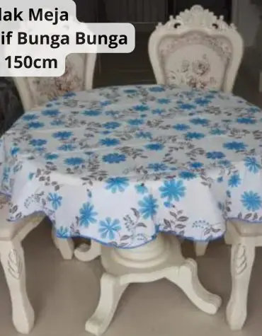 Taplak Meja Makan Bulat Motif Bunga Biru Material Peva Uk. Dia. 150cm