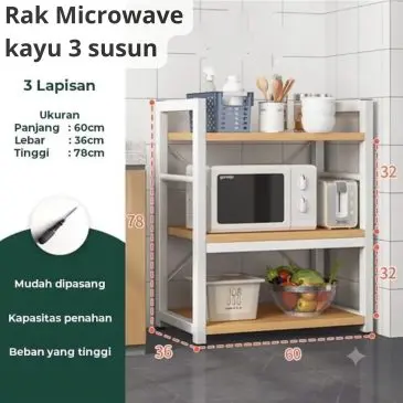Rak Microwave Kayu Skandinavia - Putih Elegan, 3 Susun, 60 x36x78CM
