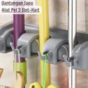Gantungan Sapu dan Alat Pel Tempel Dengan 3 Slot Hook + Kait