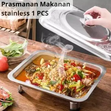 Prasmanan Tempat Makanan Model Segi Stainless Steel Dengan Tutup Kombinasi Kaca 4 Kaki Size 35x26.5x15cm