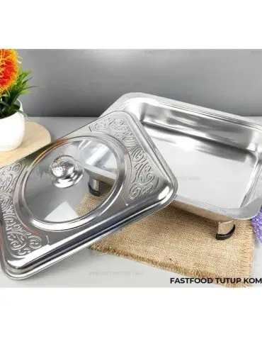 Prasmanan Tempat Makanan Model Segi Stainless Steel Dengan Tutup Kombinasi Kaca 4 Kaki Size 35x26.5x15cm
