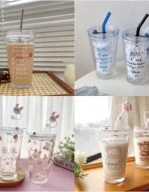 Mug Gelas Minum Bahan Kaca 500ml Dengan Sedotan Anna Karakter