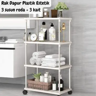 Rak Dapur Plastik Estetik 3 susun dengan roda + 3 kait