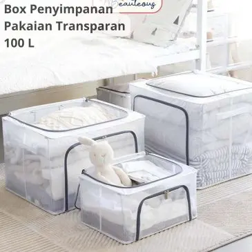 Box Tempat Penyimpanan Pakaian Sprei dan Selimut Transparan 100L Dengan Rangka Besi