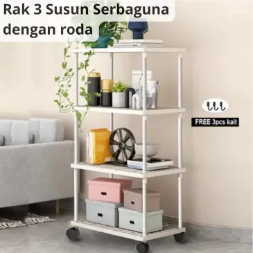Rak Dapur Plastik Estetik 3 susun dengan roda + 3 kait