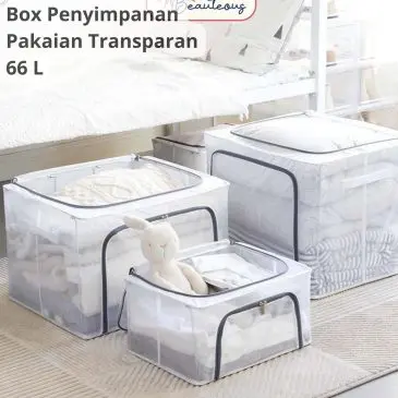 Box Tempat Penyimpanan Pakaian Sprei dan Selimut Transparan 66L Dengan Rangka Besi