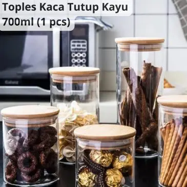Toples Kaca Transparan Dengan Tutup Kayu Kedap Udara Toples Kopi dan Gula 750ml