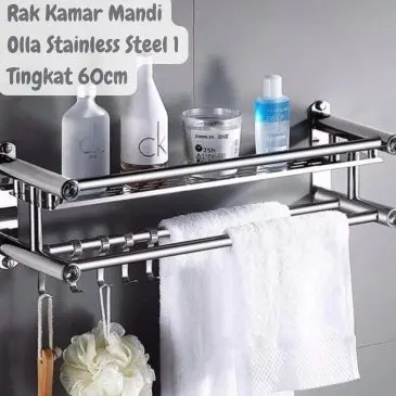 Rak Kamar Mandi Olla Stainless Steel 1 Tingkat 60cm Dengan Gantungan Handuk