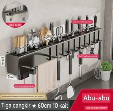 Rak Gantung Pisau dan Alat Masak + Tempat Sendok Stainless Steel 60cm