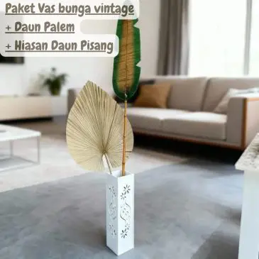 Paket Vas bunga vintage floral + Daun Palem + Hiasan Daun Pisang