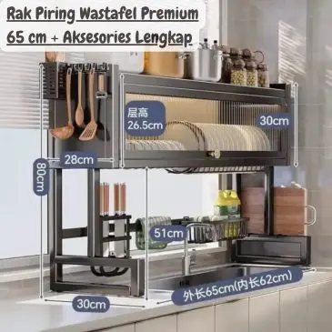 Rak Piring Wastafel Kabinet Premium dengan penutup Debu 65 cm + Aksesories Lengkap , Hitam