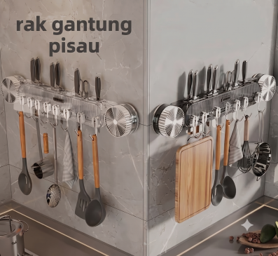 Rak Gantung Pisau Dapur Dengan Perekat Vakum Tanpa Bor - Holder Alat Masak Multifungsi & 5 Kait Gantungan