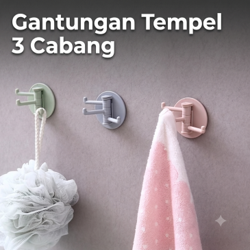 Gantungan Tempel Dinding 3 Cabang Putar - Hook Ajaib Serbaguna Tanpa Bor