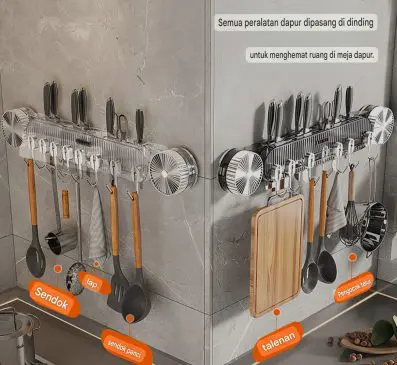 Rak Gantung Pisau Dapur Dengan Perekat Vakum Tanpa Bor - Holder Alat Masak Multifungsi & 5 Kait Gantungan