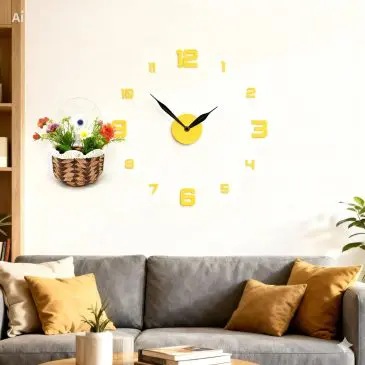 Paket Jam dinding 3d angka kuning + Vas Bunga Rotan