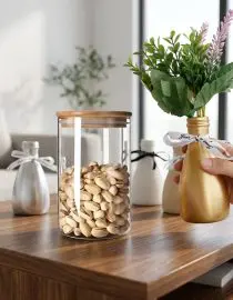 Paket Hemat Toples Kaca Transparan Dengan Tutup Kayu Kedap Udara  900  ML + Vas Bunga Keramik