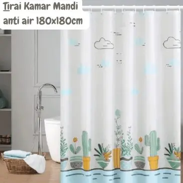 Tirai Kamar Mandi Material Peva 180x180cm Dengan Ring Kait Motif Cactus Garden