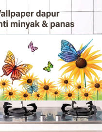 Wallpaper Dapur Anti Minyak dan Tahan Panas Motif Kupu Bunga Matahari Uk. 75x45cm