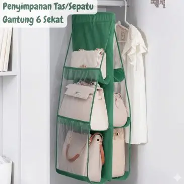 Rak Tempat Penyimpanan Tas Sepatu Gantung Anti Debu 6 Sekat HIJAU