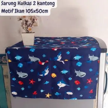 Sarung Kulkas Bahan Katun 105x50cm, 2 Kantong Motif Ikan