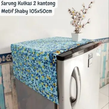 Sarung Kulkas Bahan Katun 105x50cm, 2 Kantong Shaby Biru Kecil