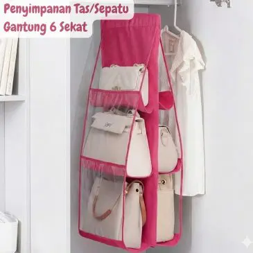Rak Tempat Penyimpanan Tas Sepatu Gantung Anti Debu 6 Sekat PINK