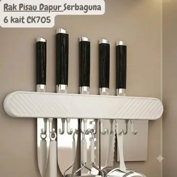 Rak Pisau Dapur Tanpa Bor Tempat Pisau Dinding Kuat Serbaguna 6 Kait CK705 PUTIH