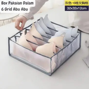 Box Tempat Pakaian Dalam 6 Grid Material Nylon Mesh 32x32x12cm