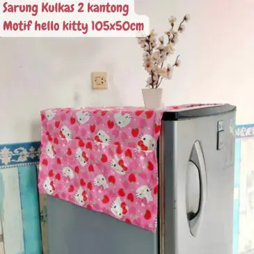 Sarung Kulkas Bahan Katun 105x50cm, 2 Kantong Motif Hello Kitty
