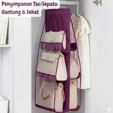 Rak Tempat Penyimpanan Tas Sepatu Gantung Anti Debu 6 Sekat UNGU