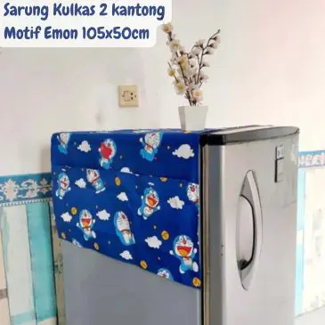 Sarung Kulkas Bahan Katun 105x50cm, 2 Kantong Motif Emon