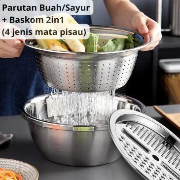 Parutan Buah dan Sayur 2in1 Baskom Cuci Stainless Steel Dengan 4 Jenis Mata Pisau