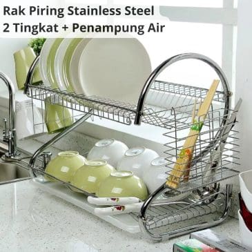 Rak Piring Stainless Steel Minimalis 2 Tingkat Dilengkapi Rak Gelas Tempat Sendok dan Penampung Air