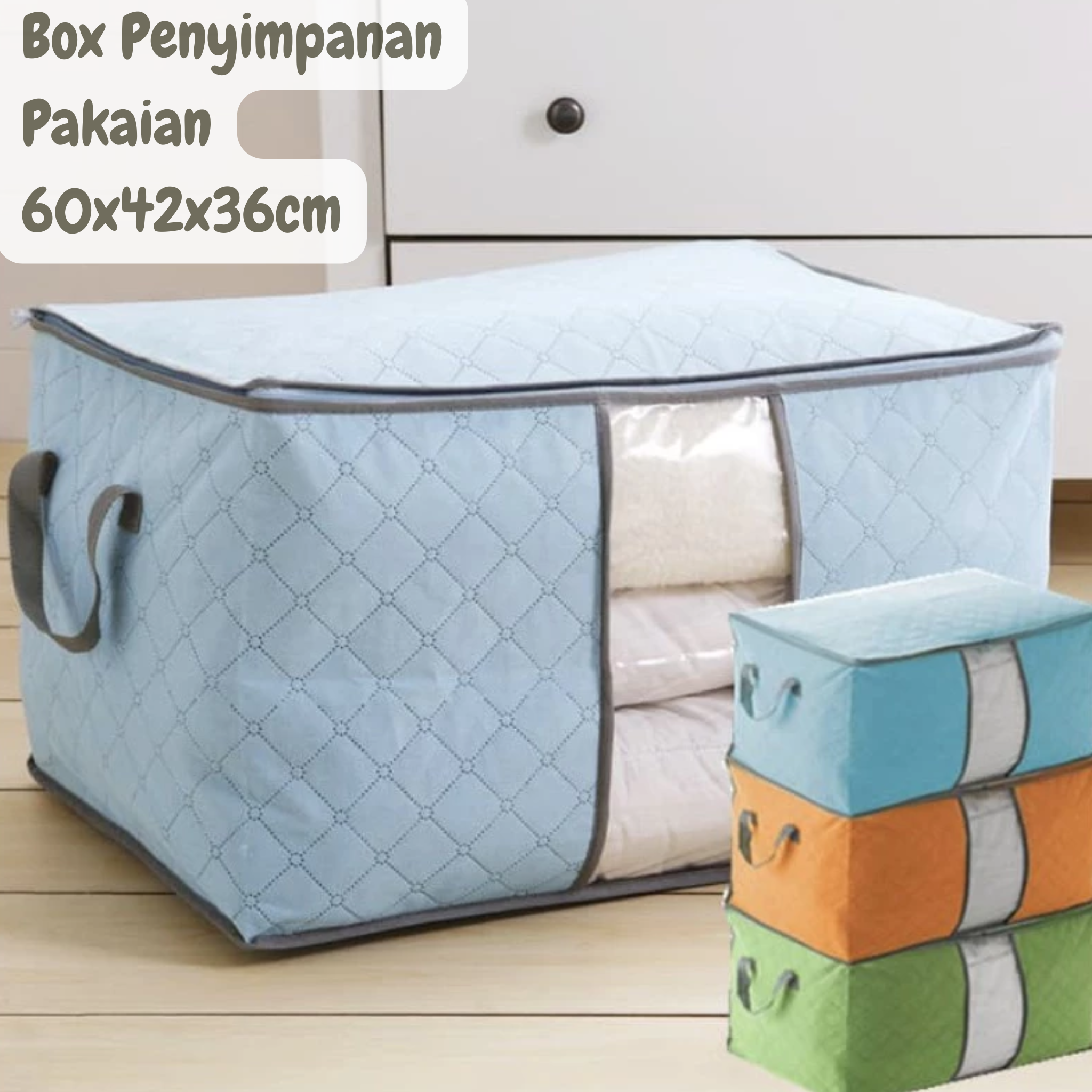 Box Tempat Penyimpanan Pakaian Sprei dan Selimut Anti Bau dan Lembab Tanpa Besi Penyangga Horizontal Ukuran 60x42x36cm