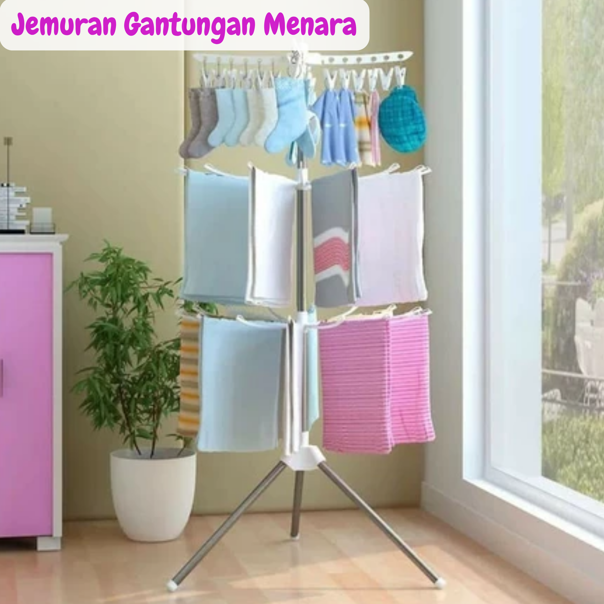 Jemuran Gantungan Pakaian Menara Lipat 3 Susun