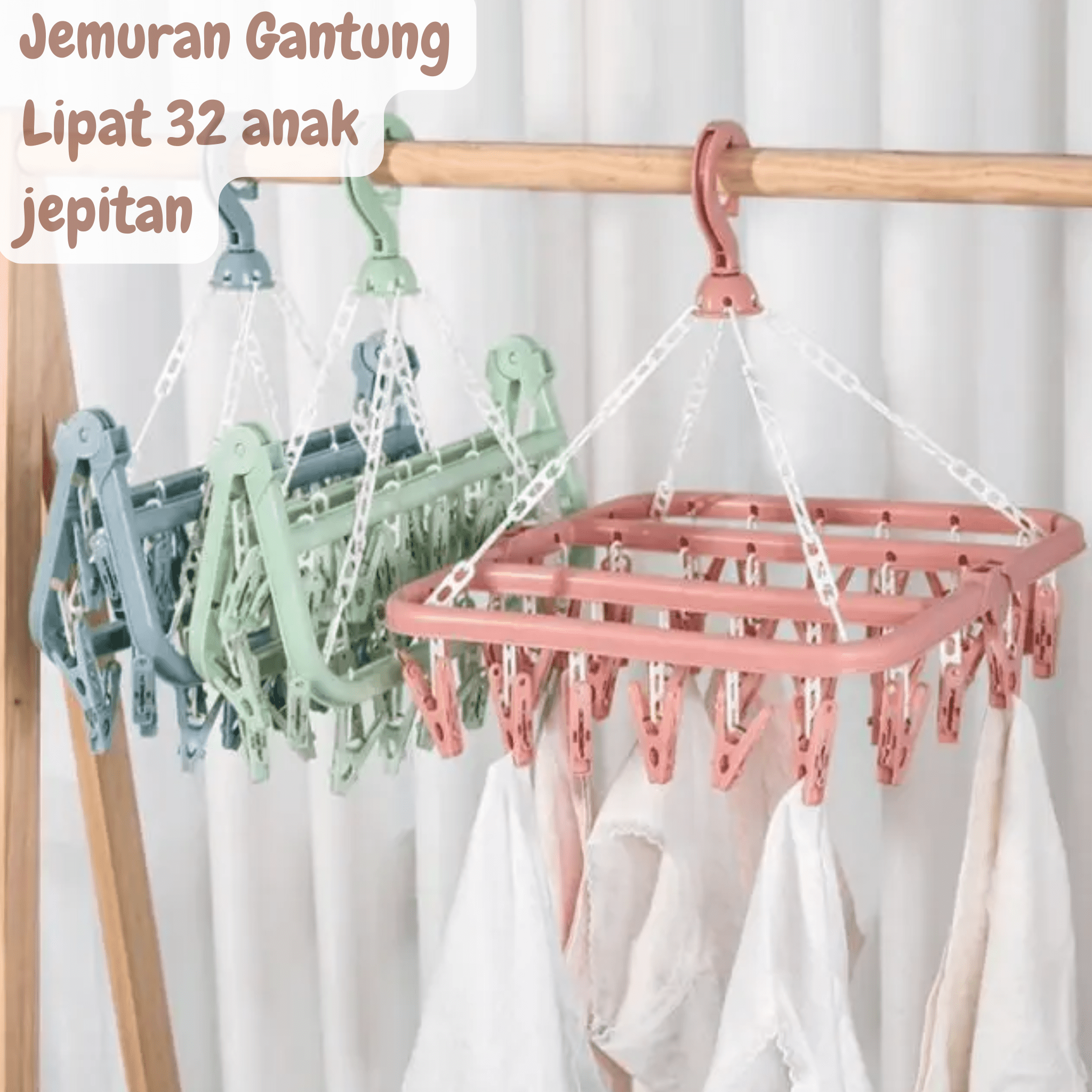 Jemuran Gantung Lipat Jepit Kaos Kaki dan Pakaian Dalam Dengan 32 Anak Jepitan Berputar 360 Derajat