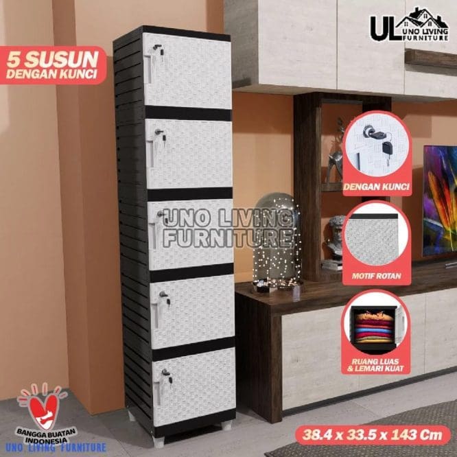 Lemari Pakaian Minimalis Kontener Swing 5 Susun Pintu Kunci Size 33.5x38.5x143cm