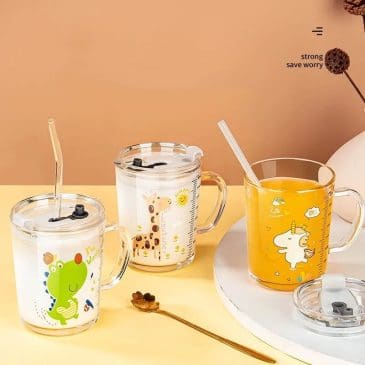 Mug Gelas Minum Bahan Kaca 400ml Dengan Sedotan dan Gagang Pegangan Motif Karakter