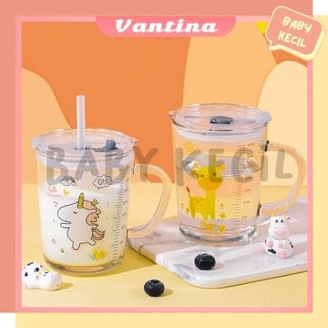 Mug Gelas Minum Bahan Kaca 400ml Dengan Sedotan dan Gagang Pegangan Motif Karakter - Gambar 2