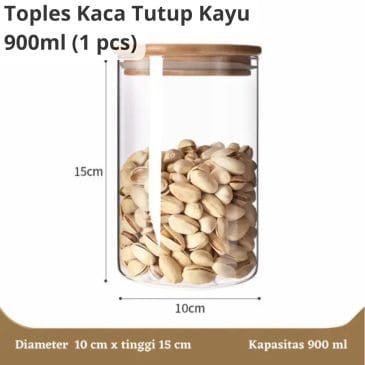 Toples Kaca Transparan Dengan Tutup Kayu Kedap Udara Toples Kopi dan Gula 900ml