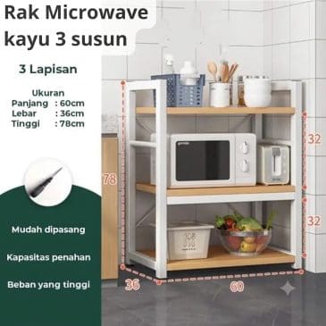 Rak Microwave Kayu Skandinavia - Putih Elegan, 3 Susun, 60 x36x78CM