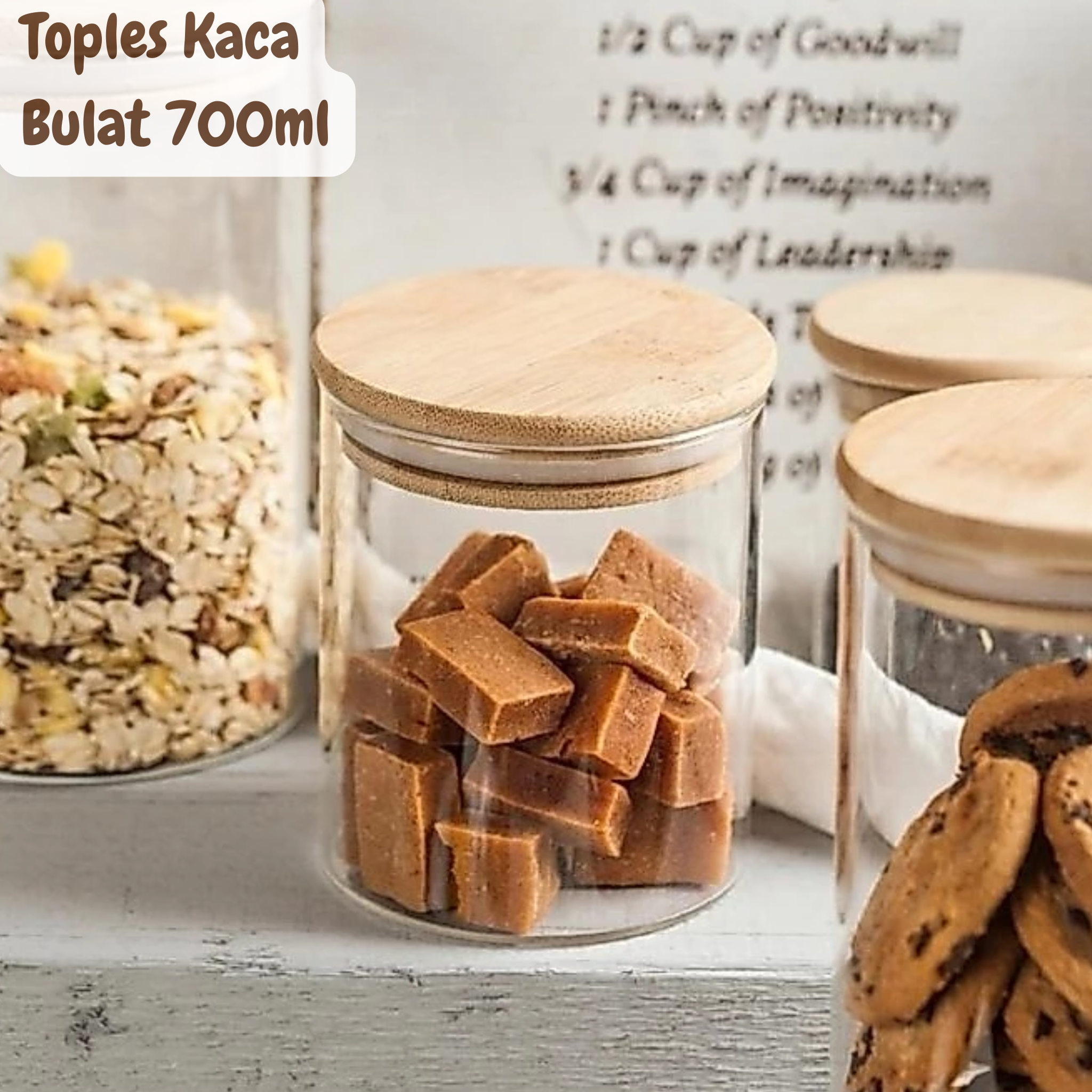 Toples Kaca Transparan Dengan Tutup Kayu Kedap Udara Toples Kopi dan Gula 700ml